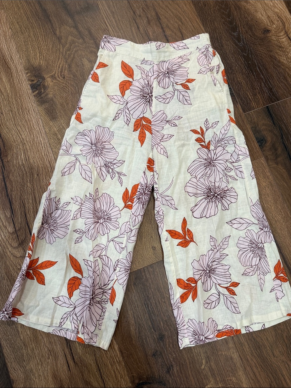 Rachel Roy 100% Linen Cream Floral Wide-Leg pants with Orange & Purple Print